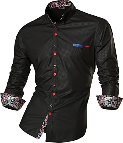 jeansian  Camisas de Vestir de Manga Larga con Botones y Estampado Retro Delgados para Hombre z027 Negro XL