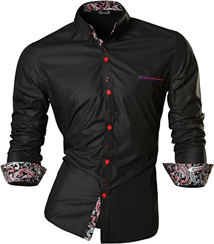 jeansian  Camisas de Vestir de Manga Larga con Botones y Estampado Retro Delgados para Hombre z027 Negro XL