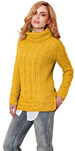 Jersey irlandés Aran para mujer - 100% lana merina ventilada cuello rollo - Jersey de punto de cable fabricado en Irlanda (XL, amarillo)