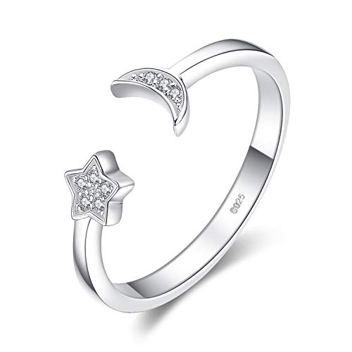 JewelryPalace Luna Estrella CZ Pave Zirconia cúbica Anillo abierto ajustable Plata de ley 925