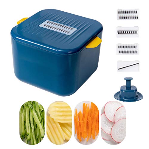 JIN Cortador de Verduras Cortador y Rallador, Mandoline Slicer Cortador de Alimentos multifunción, con 4 Cuchillas de Acero Inoxidable, guardamanos, Picadoras de Verduras,Blue