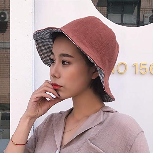 JINRONG Sombrero Rueca Sombrero del Verano Japonés Fresca Pequeña Salvaje Sólido A Cuadros De Color De Doble Cara Shade Fold Ollas Cap Influjo De Estudiantes (Color : Pink, Size : M 56-58cm)