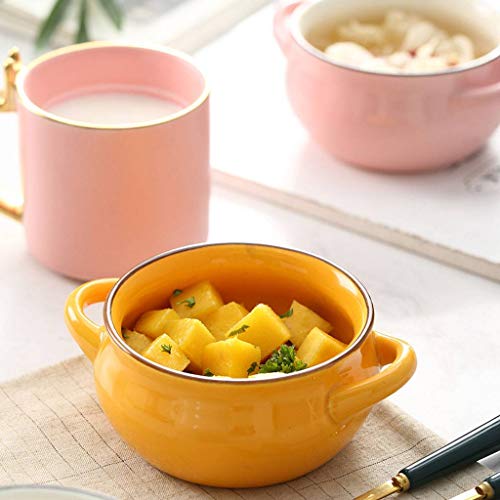 JLWM Cuenco para Sopa con 2 Asas, Cuencos para Sopa Tazón De Porcelana Cerámico Horno Microonda Cocina Mini Pequeño para Desayuno Leche Fruta Ensalada Postre Horneando Color Liso-Amarillo