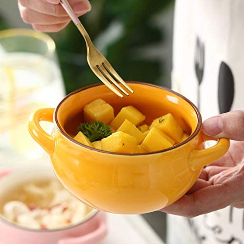 JLWM Cuenco para Sopa con 2 Asas, Cuencos para Sopa Tazón De Porcelana Cerámico Horno Microonda Cocina Mini Pequeño para Desayuno Leche Fruta Ensalada Postre Horneando Color Liso-Amarillo