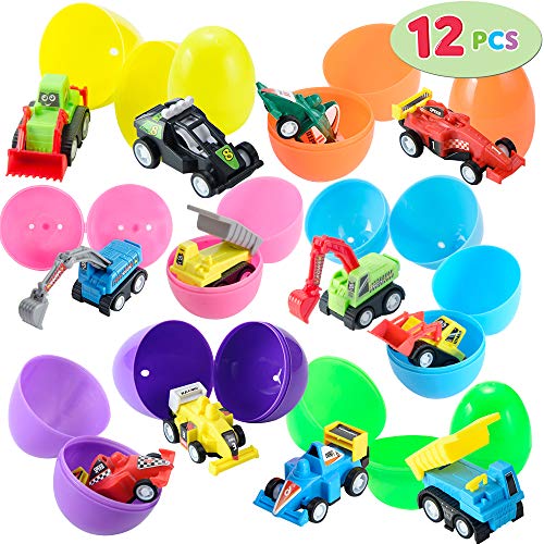 JOYIN 12 Pcs Huevos de Pascua Juguete Rellenos de Mini Juguetes Coches Camión Vehículo de Construcción Carrier Truck para Niños