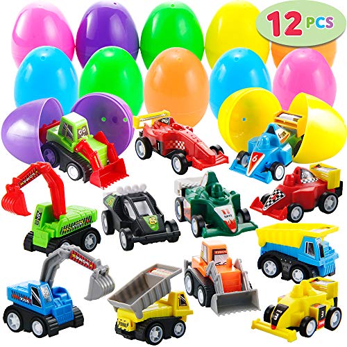 JOYIN 12 Pcs Huevos de Pascua Juguete Rellenos de Mini Juguetes Coches Camión Vehículo de Construcción Carrier Truck para Niños