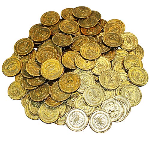 JOYIN 288pcs Monedas Doradas Piratas de Juguete para Niños de Halloween Fiesta Piratas Temáticas (144 Monedas + 144 Gemas)