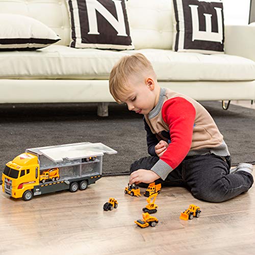 JOYIN Camión de ingeniería 11 En 1 Diecast Coche Juguetes Vehículo de Construcción Carrier Truck para Niños