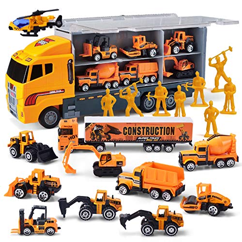 JOYIN Camión de ingeniería 11 En 1 Diecast Coche Juguetes Vehículo de Construcción Carrier Truck para Niños