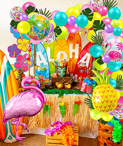 JOYMEMO Globo Tropical Hawaiano Guirnalda Kit de Arco Flamingo Palmera Piña Globos de Aluminio para la Playa de Verano Fiesta temática de Luau Cumpleaños Baby Shower