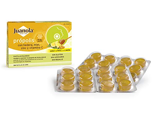 JUANOLA Própolis Sabor Miel y Limón - 24 pastillas blandas - Ayudan a suavizar la garganta de forma natural. Producto alimenticio con Própolis, Hedera, Miel, Zinc y Vitamina C.