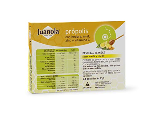 JUANOLA Própolis Sabor Miel y Limón - 24 pastillas blandas - Ayudan a suavizar la garganta de forma natural. Producto alimenticio con Própolis, Hedera, Miel, Zinc y Vitamina C.