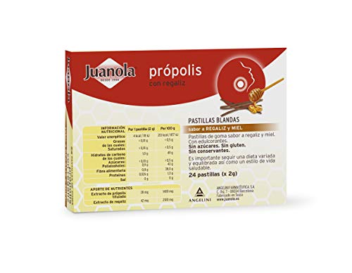 JUANOLA Própolis Sabor Regaliz y Miel - 24 pastillas blandas - Ayudan a suavizar la garganta de forma natural. Producto alimenticio con Própolis y Regaliz.