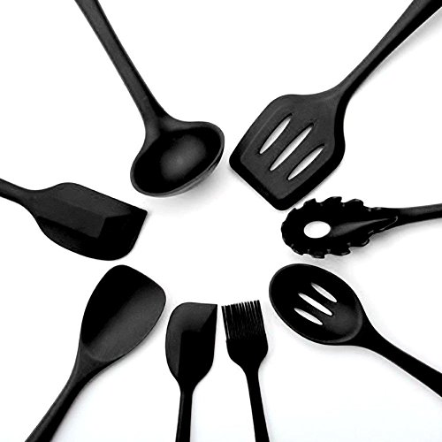 Juego de 10 utensilios de cocina, silicona resistente al calor, antiadherente, para cocina, utensilios de cocina, pinzas, batidos, cepillos, cucharas, espátulas, cuchara ranurada, cucharilla negro