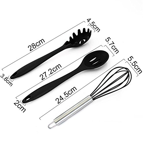 Juego de 10 utensilios de cocina, silicona resistente al calor, antiadherente, para cocina, utensilios de cocina, pinzas, batidos, cepillos, cucharas, espátulas, cuchara ranurada, cucharilla negro