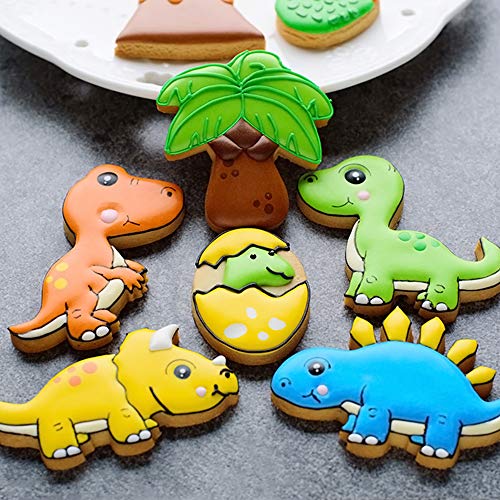 Juego de 16 – 8 cortadores de galletas y 8 plantillas, incluye Stegosaurus, T-Rex, Brontosaurus, Triceratops, huevo de dinosaurio, huella, volcán y árbol.