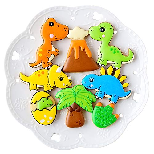 Juego de 16 – 8 cortadores de galletas y 8 plantillas, incluye Stegosaurus, T-Rex, Brontosaurus, Triceratops, huevo de dinosaurio, huella, volcán y árbol.