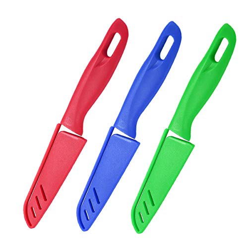 Juego de 3 cuchillos de fruta, cuchillo de frutas afilado y duradero con cubierta protectora, apto para la mayoría de los tipos de verduras, frutas y carne (azul, verde, rojo)