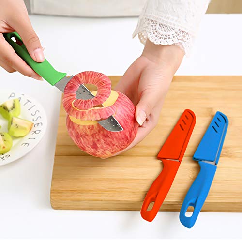 Juego de 3 cuchillos de fruta, cuchillo de frutas afilado y duradero con cubierta protectora, apto para la mayoría de los tipos de verduras, frutas y carne (azul, verde, rojo)