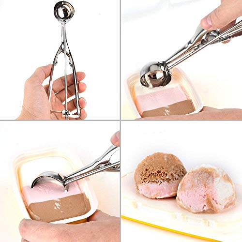 Juego de 3 palas para helado, cuchara para galletas de acero inoxidable con gatillo fácil de liberar, incluye 3 tamaños: pequeño (4,3 cm), mediano (4,4 cm), grande (5,4 cm), mejor para helado y fruta