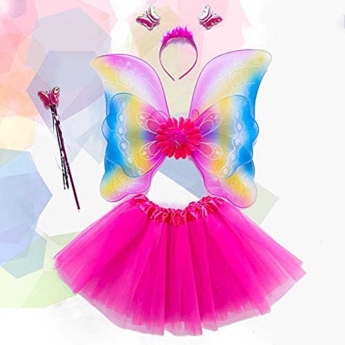 Juego de 4 piezas de disfraz de hada para niñas, con alas de arcoíris de tres capas, tutú, vestido mágico y diadema para princesa, cosplay 3-8T 4 talla única