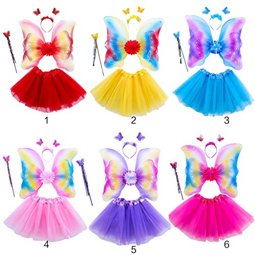 Juego de 4 piezas de disfraz de hada para niñas, con alas de arcoíris de tres capas, tutú, vestido mágico y diadema para princesa, cosplay 3-8T 4 talla única