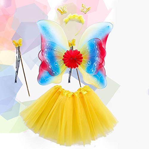 Juego de 4 piezas de disfraz de hada para niñas, con alas de arcoíris de tres capas, tutú, vestido mágico y diadema para princesa, cosplay 3-8T 4 talla única