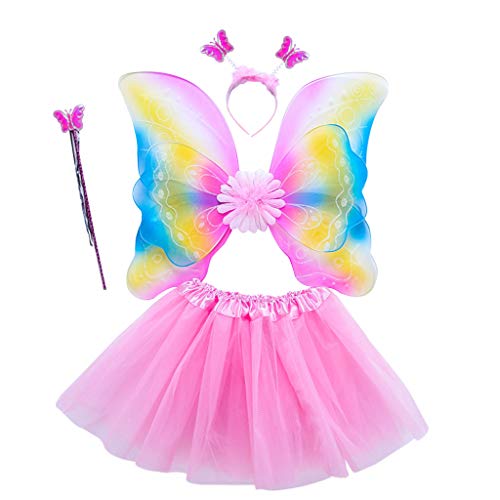 Juego de 4 piezas de disfraz de hada para niñas, con alas de arcoíris de tres capas, tutú, vestido mágico y diadema para princesa, cosplay 3-8T 4 talla única