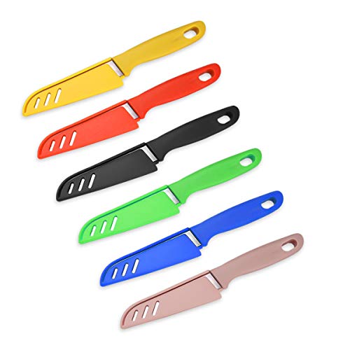 Juego de 6 cuchillos de fruta, cuchillo de frutas afilado y duradero con cubierta protectora, apto para la mayoría de los tipos de verduras, frutas y carne (rosa, azul, verde, negro, amarillo, rojo)