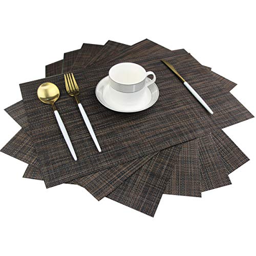 Juego de 6 manteles individuales para mesa de comedor lavable de PVC tejido mantel de vinilo antideslizante resistente al calor, fácil de limpiar (café)