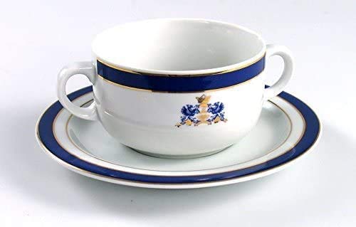 Juego de 6 tazas de consomé con dos asas, porcelana blanca decorado con oro y en azul cobalto | Duisburg con escudo 12 piezas