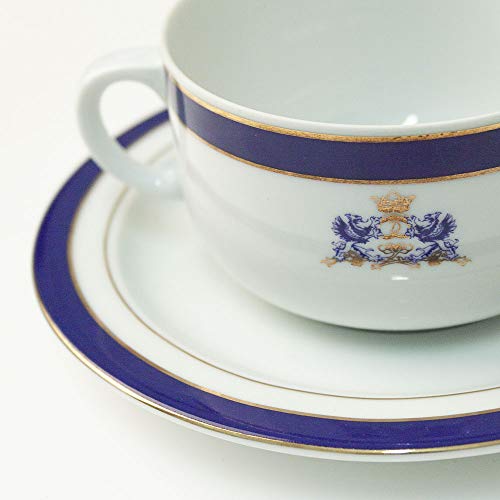 Juego de 6 tazas de consomé con dos asas, porcelana blanca decorado con oro y en azul cobalto | Duisburg con escudo 12 piezas