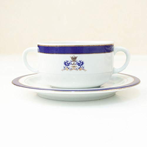 Juego de 6 tazas de consomé con dos asas, porcelana blanca decorado con oro y en azul cobalto | Duisburg con escudo 12 piezas