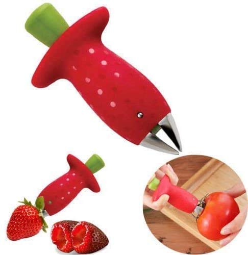 Juego de cortadores de cortador y rebanador de fresas Pitters de cereza Cuchillo portátil Gadget Fruta Vegetal Extractor de tallos de hojas Tallos de tomate Herramientas de frutas (2Pack+Slicer)