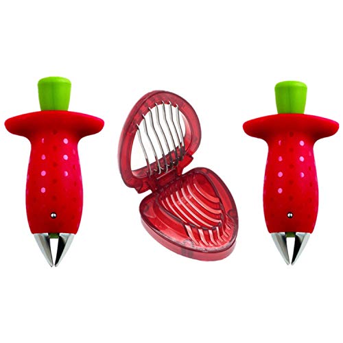 Juego de cortadores de cortador y rebanador de fresas Pitters de cereza Cuchillo portátil Gadget Fruta Vegetal Extractor de tallos de hojas Tallos de tomate Herramientas de frutas (2Pack+Slicer)