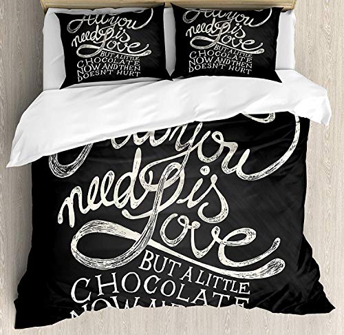 Juego de funda nórdica, todo lo que necesitas es amor pero un poco de chocolate de vez en cuando no duele, juego de cama decorativo de 3 piezas con 2 fundas de almohada, gris carbón y rey ​​blanco