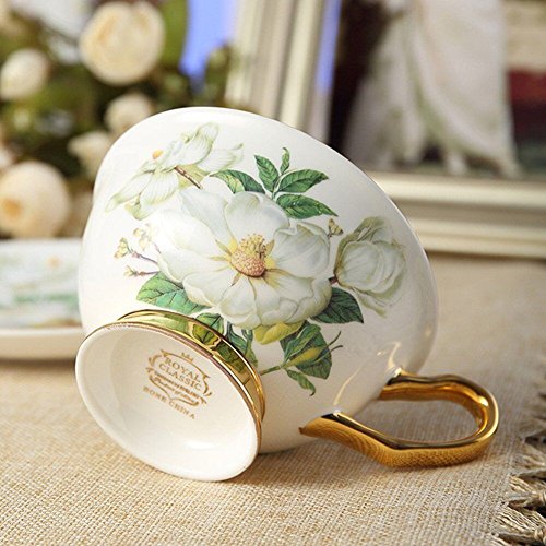 Juego de tazas de café y té con plato de porcelana china, color camelia, blanco y verde, Porcelana de ceniza de hueso, 2 Pcs with Gift Box,Coffee Cups, White&Green 2 Pcs