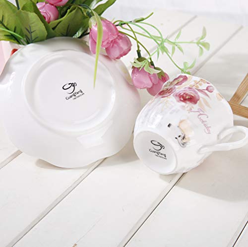 Juego de Té de Café Porcelana Inglesa - 15 Piezas Conjunto de Mesa de Patrón Rosa Juego de 6 Tazas y Tazas de Café Tetera para Té de La Tarde