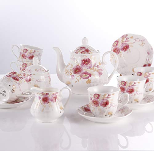 Juego de Té de Café Porcelana Inglesa - 15 Piezas Conjunto de Mesa de Patrón Rosa Juego de 6 Tazas y Tazas de Café Tetera para Té de La Tarde