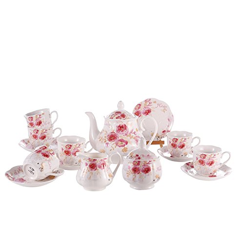 Juego de Té de Café Porcelana Inglesa - 15 Piezas Conjunto de Mesa de Patrón Rosa Juego de 6 Tazas y Tazas de Café Tetera para Té de La Tarde