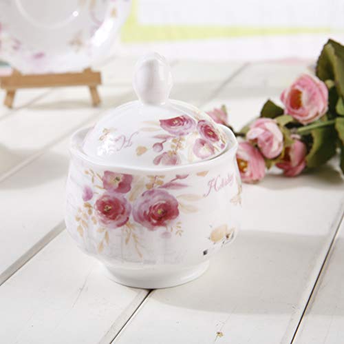 Juego de Té de Café Porcelana Inglesa - 15 Piezas Conjunto de Mesa de Patrón Rosa Juego de 6 Tazas y Tazas de Café Tetera para Té de La Tarde