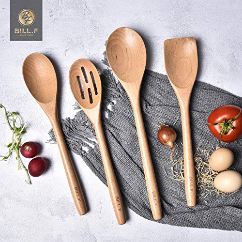 Juego de utensilios de cocina de madera de haya, utensilios de cocina, utensilios de cocina, 4 piezas, cuchara y espátula, mezcla perfecta para ollas y sartenes antiadherentes