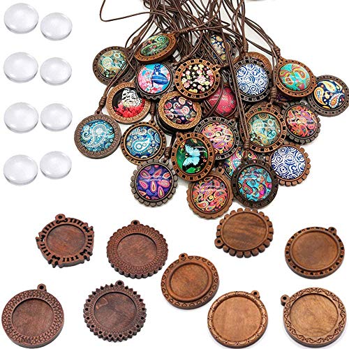 Juego de18 Colgantes Redondos de Madera con Cabujón de Cristal, Colgante Bandejas Colgantes de Bisel Redondo Bandejas Colgantes Bisel Perfecto para DIY Colgante Collares de Foto Pulsera Joyeria