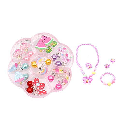 Juego Joyas Niña Pequeña, Pendientes Clip Niña Set, Pendientes Clip Dibujos Animados con Conjunto Joyas Mariposa para Regalo Favores Fiesta Princesa, Vestir Princesita