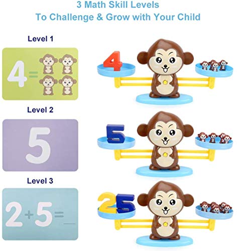 Juguete de Matemáticas, 82 pcs Monkey Digital Scales Balance Tarjetas de Matemáticas Bloque Digital Juego Educativo Juegos de Matemáticas Regalo para Niños y Niñas (Brown Monkey)