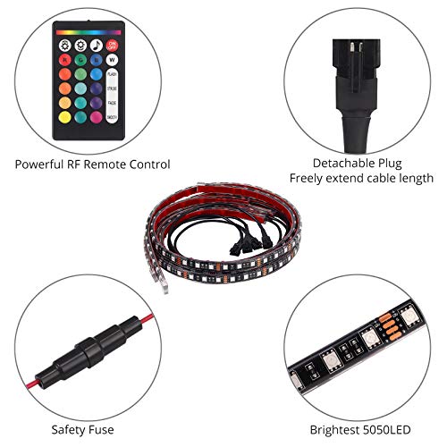 Justech 4PCS Luces Led Coche 16 Colores Luz de Decorativa para Coche con Control de Música Impermeable RGB 5050 12V Luz Ambiente Sonido Activo con 24 Teclas Control Remoto RF y Cable de Extensión