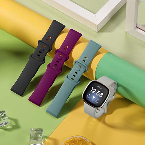 JUVEL Correa Compatibles con Fitbit Versa 3 Correa/Fitbit Sense Correas, 4 Pack Muñequeras Deportivas de Silicona Suave de Repuesto para Mujeres Hombres, Pequeño, Negro/Pino Verde/Gris/Fucsia