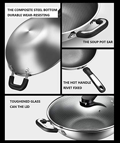 JX-PEP Estructura de Acero Inoxidable Wok Honeycomb, Antiadherente Pan sin Humo Steel Pan sin Recubrimiento, 32 cm, Gas Cocina de inducción universales,A