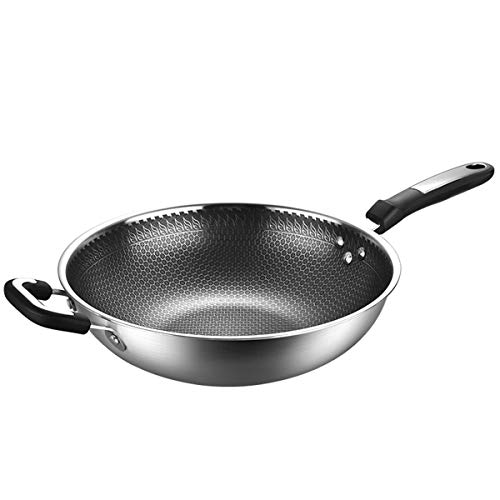 JX-PEP Estructura de Acero Inoxidable Wok Honeycomb, Antiadherente Pan sin Humo Steel Pan sin Recubrimiento, 32 cm, Gas Cocina de inducción universales,A