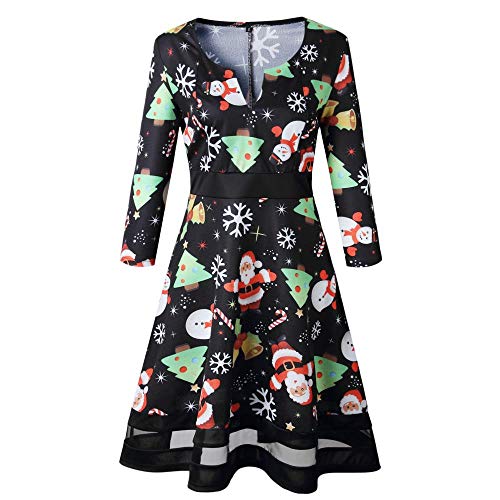 Kai&Guo Vestido Estampado navideño Mujer 2020 Otoño Invierno Gasa Empalmado Media Manga Cuello en V Alces Santa Claus Señoras Vestido de Fiesta de Cintura Alta, Navidad Ciervo, S